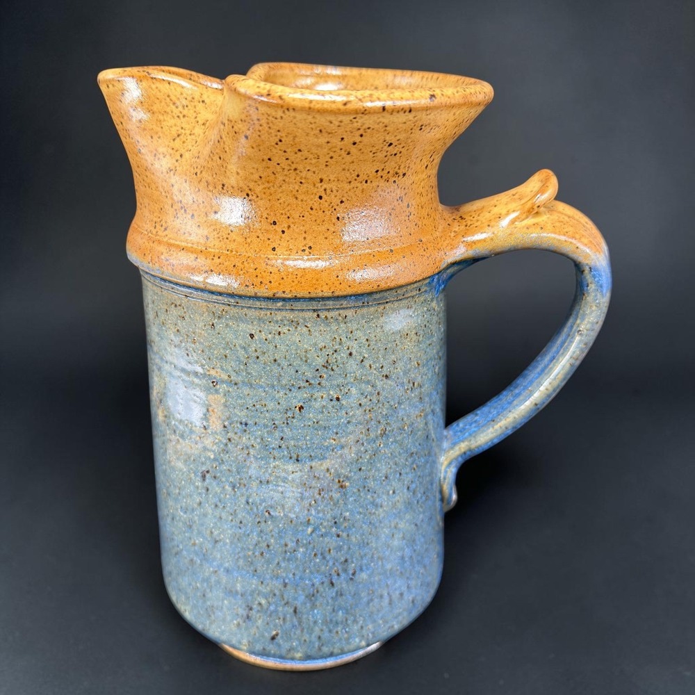 Signed Studio Pottery Pitcher Blue Gold Speckled Salt Glaze Stoneware 9in 2017